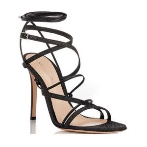 Gianvito Rossi Glitter Strappy Ankle Tie Wrap Around Stiletto Sandal Heels Black